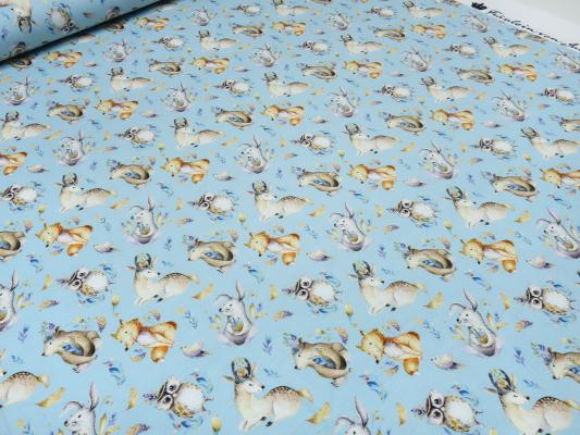 Stoff Baumwolle Jersey Waldtiere Hirsche Eulen Füchse Hasen Vögel Design blau braun bunt Kinderstoff Kleiderstoff