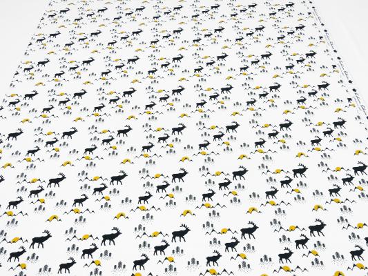 Stoff Baumwoll French Terry Sweatshirtstoff Hirsche Design weiß schwarz curry-gelb Kinderstoff Kleiderstoff