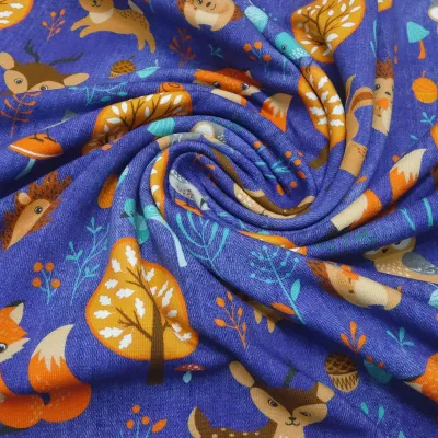 Fabric cotton French Terry sweatshirt fabric foxes rabbits deer forest animals design jeans blue orange brown colorful children's fabric dress fabric