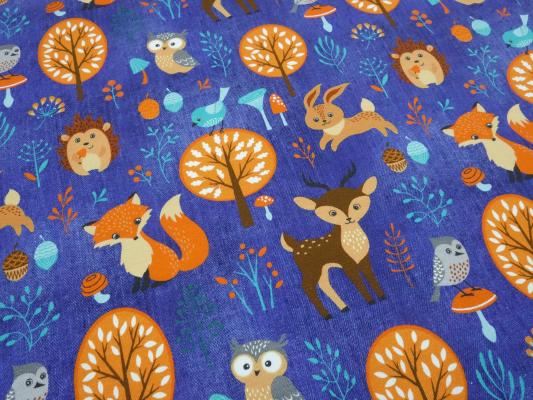 Stoff Baumwolle French Terry Sweatshirtstoff Füchse Hasen Rehe Waldtiere Design jeans blau orange braun bunt Kinderstoff Kleiderstoff