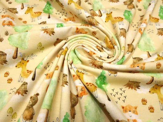 Fabric cotton jersey forest animals bears deer foxes design beige brown orange colorful children's fabric dress fabric