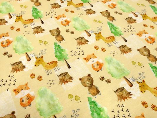 Fabric cotton jersey forest animals bears deer foxes design beige brown orange colorful children's fabric dress fabric