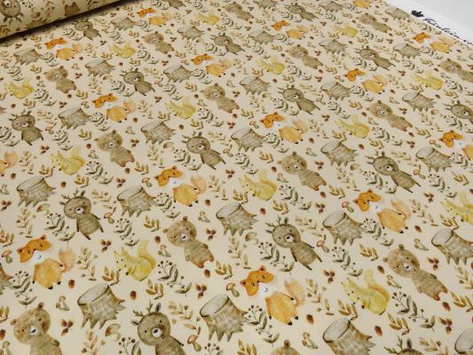 Stoff Baumwolle French Terry Sweatshirtstoff Waldtiere Bären Füchse Eichhörnchen Design beige braun orange bunt Kinderstoff Kleiderstoff