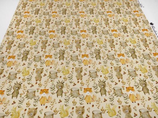 Stoff Baumwolle French Terry Sweatshirtstoff Waldtiere Bären Füchse Eichhörnchen Design beige braun orange bunt Kinderstoff Kleiderstoff