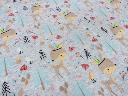 Stoff Baumwolle French Terry Sweatshirtstoff Rehe Kitz Vögel Design grau melange braun beige türkis bunt Kinderstoff Kleiderstoff