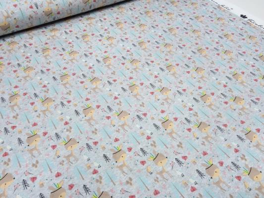 Stoff Baumwolle French Terry Sweatshirtstoff Rehe Kitz Vögel Design grau melange braun beige türkis bunt Kinderstoff Kleiderstoff