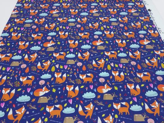 Stoff Baumwolle Jersey Fuchs Füchse Pilze Design blau orange weiß bunt Kinderstoff Kleiderstoff