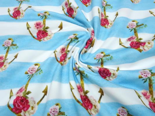 Stoff Baumwolle Jersey Anker Rosen Streifen Design weiß türkis-blau rot bunt Kinderstoff Kleiderstoff