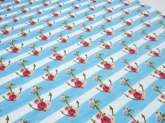 Stoff Baumwolle Jersey Anker Rosen Streifen Design weiß türkis-blau rot bunt Kinderstoff Kleiderstoff