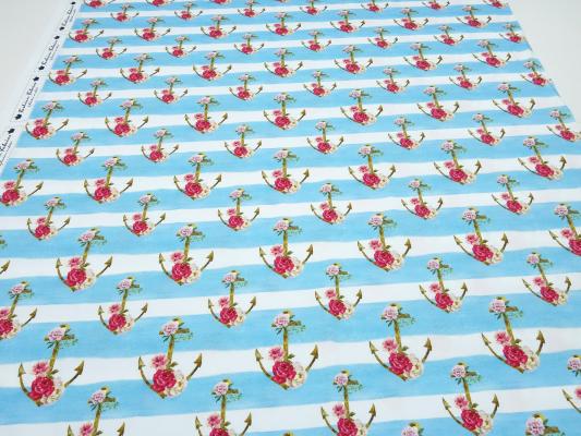 Stoff Baumwolle Jersey Anker Rosen Streifen Design weiß türkis-blau rot bunt Kinderstoff Kleiderstoff