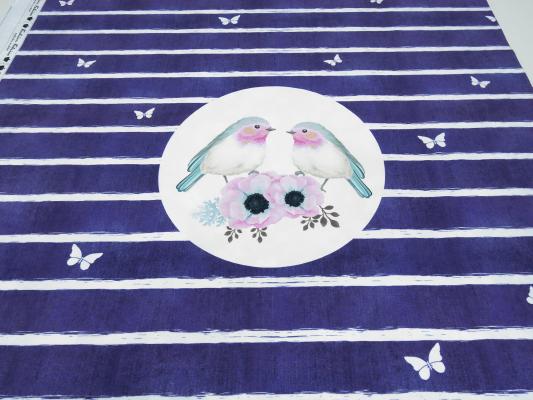 Fabric cotton jersey panel birds floral design blue pink white mint colorful children's fabric dress fabric