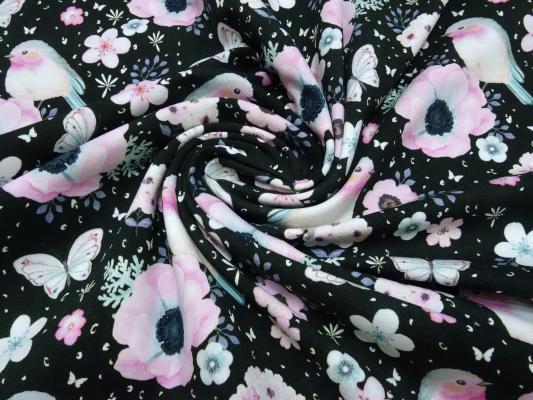 Stoff Baumwolle Jersey Panel Vögel Blumenmuster schwarz rosa weiß mint bunt Kinderstoff Kleiderstoff