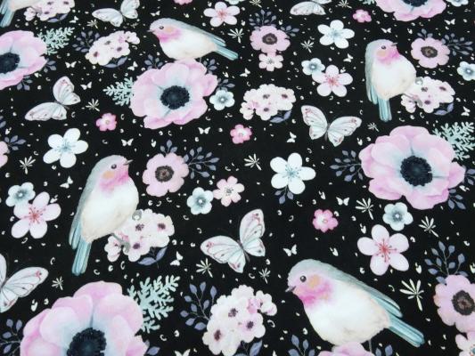 Stoff Baumwolle Jersey Panel Vögel Blumenmuster schwarz rosa weiß mint bunt Kinderstoff Kleiderstoff