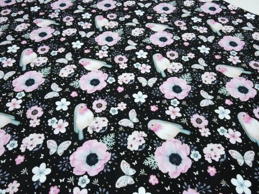 Stoff Baumwolle Jersey Panel Vögel Blumenmuster schwarz rosa weiß mint bunt Kinderstoff Kleiderstoff