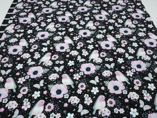 Stoff Baumwolle Jersey Panel Vögel Blumenmuster schwarz rosa weiß mint bunt Kinderstoff Kleiderstoff