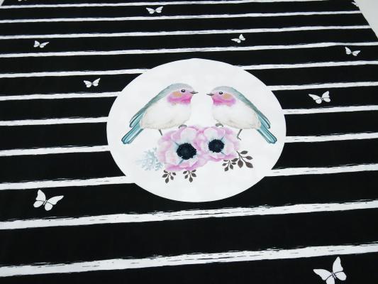 Stoff Baumwolle Jersey Panel Vögel Blumenmuster schwarz rosa weiß mint bunt Kinderstoff Kleiderstoff