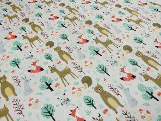 Stoff Baumwolle Jersey Waldtiere Bär Rehe Füchse Eulen Hasen Bäume Design natur beige braun mint orange bunt Kinderstoff Kleiderstoff
