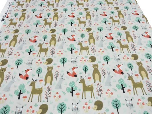 Stoff Baumwolle Jersey Waldtiere Bär Rehe Füchse Eulen Hasen Bäume Design natur beige braun mint orange bunt Kinderstoff Kleiderstoff