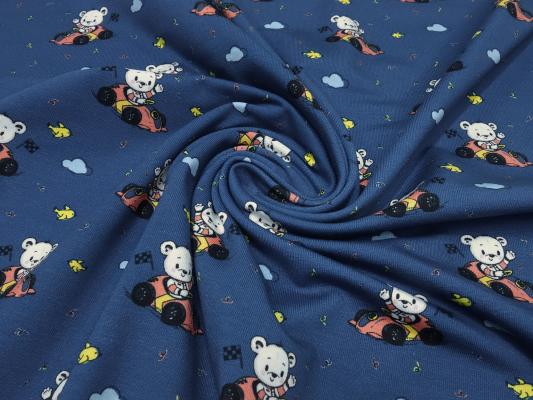 Stoff Baumwoll Jersey Teddy Bär Auto blau rot gelb bunt Kinderstoff Kleiderstoff