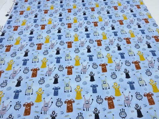 Stoff Baumwolle Jersey Monster jeans blau curry rost Kinderstoff Kleiderstoff