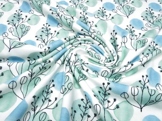 Stoff Baumwolle Jersey Eukalyptus Blätter Punkte weiß mint blau schwarz Kinderstoff Kleiderstoff