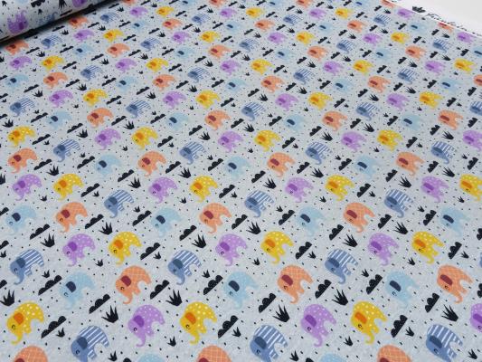 Stoff Baumwolle Jersey Elefanten Design grau melange orange curry blau grau bunt Kinderstoff Kleiderstoff