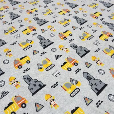 Fabric cotton jersey excavator construction worker truck design gray yellow orange black white children's fabric dress fabric