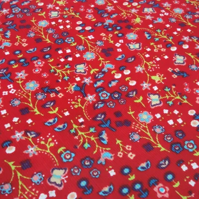 Cord Feincord Stoff 100% Baumwolle Vögel Schmetterlinge Blumen rot bunt