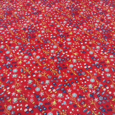 Cord Feincord Stoff 100% Baumwolle Vögel Schmetterlinge Blumen rot bunt