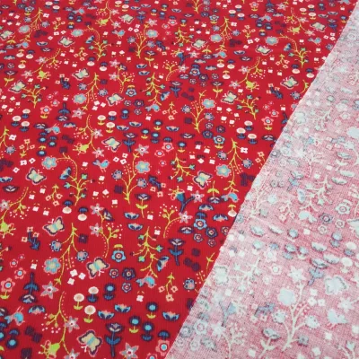 Cord Feincord Stoff 100% Baumwolle Vögel Schmetterlinge Blumen rot bunt