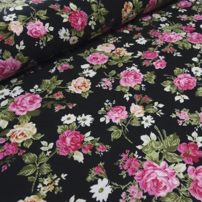 Hochwertiger Feincord Stoff 100% Baumwolle Rosen Design Schwarz Rosa Kleiderstoff Kinderstoff