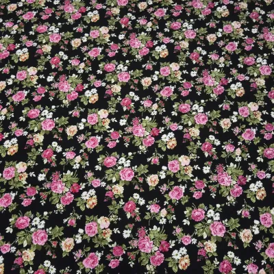 Hochwertiger Feincord Stoff 100% Baumwolle Rosen Design Schwarz Rosa Kleiderstoff Kinderstoff