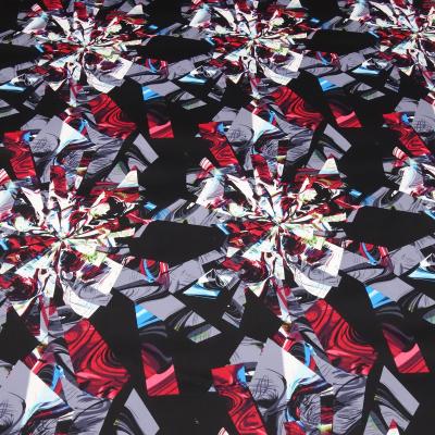 Stoff Baumwolle Satin Stretch abstraktes geometrisches Muster Design schwarz grau rot blau weiß Kleiderstoff Hosenstoff Kostümstoff