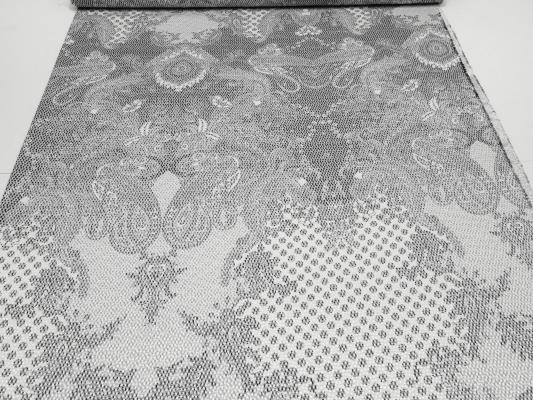 Stoff Stretch Baumwolle Piqué Paisley Design weiß schwarz grau Kleiderstoff