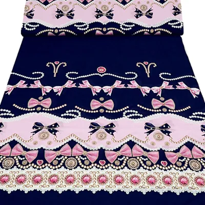 Stoff Baumwolle Voilé Stoffpanel Panel mit Perlen Schleifen Ornamente Rapportdruck von 79 cm Länge dunkelblau rosa bunt Blusenstoff Kleiderstoff