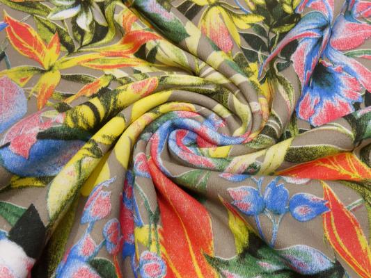 Stoff Sweatshirtstoff French Terry mit Blumen Design taupé gelb grün blau rot bunt Kleiderstoff