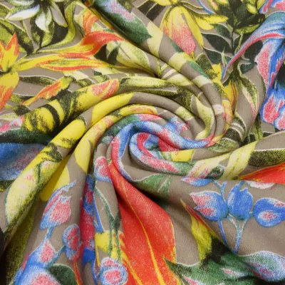 Stoff Sweatshirtstoff French Terry mit Blumen Design taupé gelb grün blau rot bunt Kleiderstoff