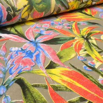 Stoff Sweatshirtstoff French Terry mit Blumen Design taupé gelb grün blau rot bunt Kleiderstoff