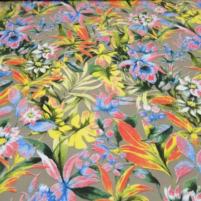 Stoff Sweatshirtstoff French Terry mit Blumen Design taupé gelb grün blau rot bunt Kleiderstoff