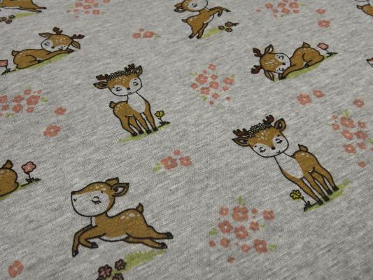 Fabric sweatshirt fabric with alpine fleece offside with deer fawn design gray melange brown colorful children's fabric clothing fabric hoodie fabric