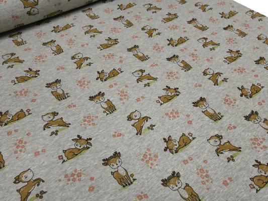 Fabric sweatshirt fabric with alpine fleece offside with deer fawn design gray melange brown colorful children's fabric clothing fabric hoodie fabric