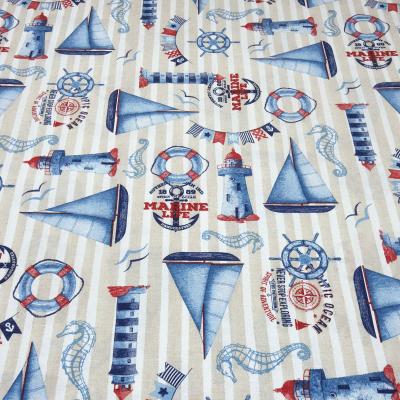Maritime decorative fabric Marine Life with ships and lighthouse design, beige, white, blue, red stripes, bag fabric, tablecloth fabric, patchwork fabric, cushion cover fabric