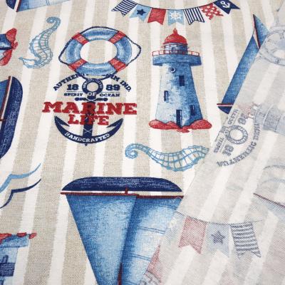 Maritime decorative fabric Marine Life with ships and lighthouse design, beige, white, blue, red stripes, bag fabric, tablecloth fabric, patchwork fabric, cushion cover fabric