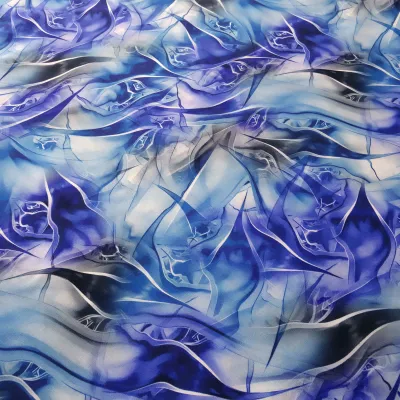 Viscose Blouse Fabric with Abstract Design—Royal Blue, Blue, White, Gray, Black—Dress Fabric