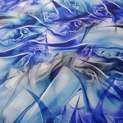 Viscose Blouse Fabric with Abstract Design—Royal Blue, Blue, White, Gray, Black—Dress Fabric