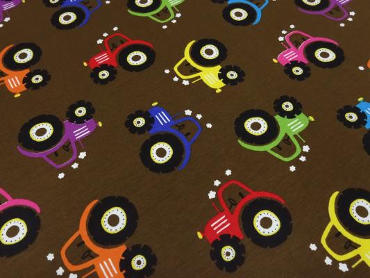 Fabric cotton jersey with tractor tractor design brown blue red green yellow black colorful children's fabric dress fabric