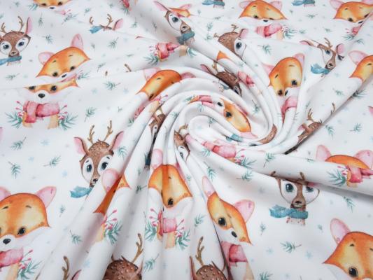 Stoff Baumwolle Jersey mit Wintertiere Hirsche Füchse Design weiß braun orange grün bunt Kinderstoff Kleiderstoff