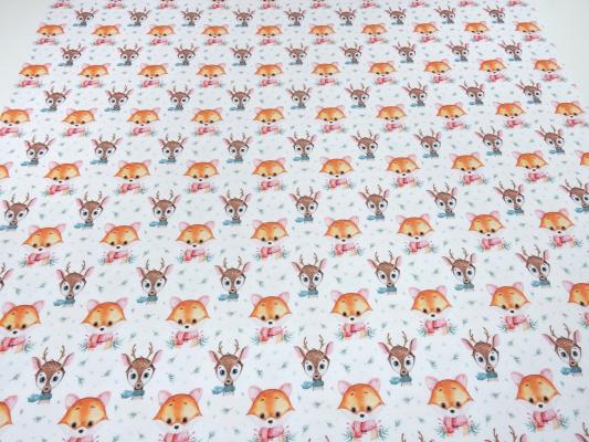 Stoff Baumwolle Jersey mit Wintertiere Hirsche Füchse Design weiß braun orange grün bunt Kinderstoff Kleiderstoff