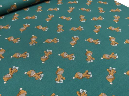 bric cotton jersey winter bear teddy bear design green brown gray colorful children's fabric dress fabric