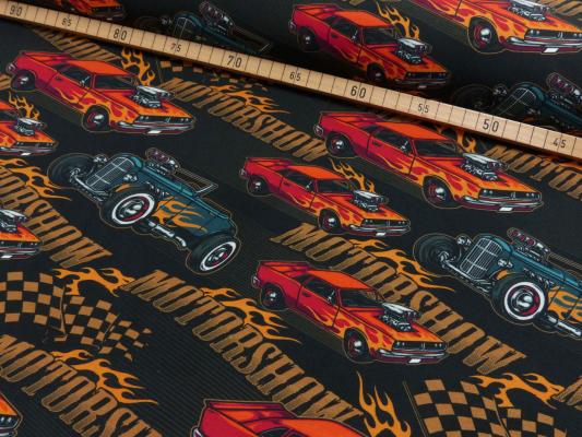 Stoff Baumwolle Jersey mit einem Motorshow Rennwagen Autos Oldtimer Design schwarz orange rot bunt Kinderstoff Kleiderstoff